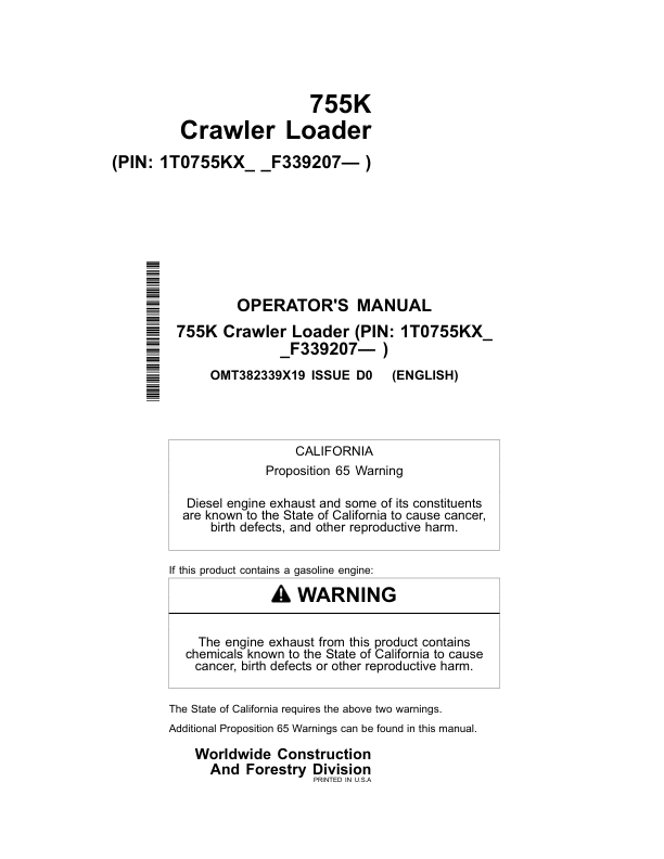 John Deere 755K Crawler Loaders Operator's Manuals (OMT382339X19)