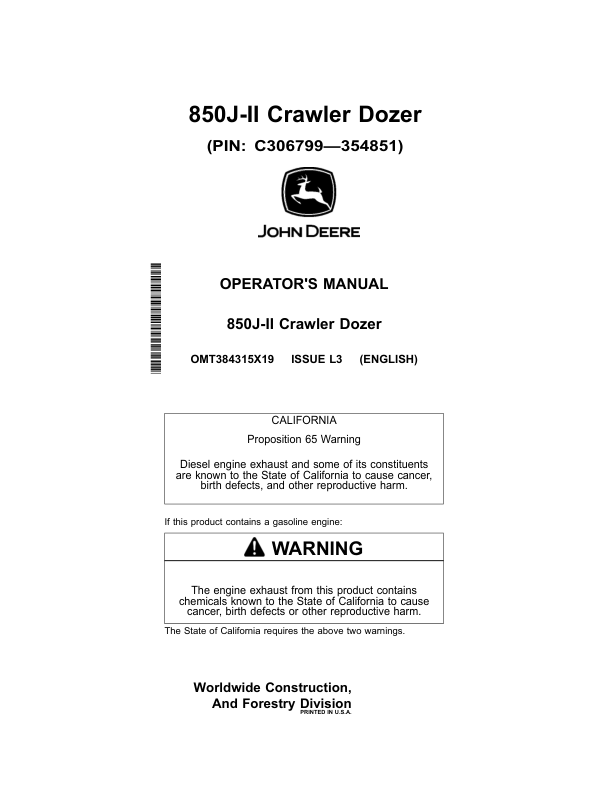 John Deere 850J-II Crawler Dozers Operator's Manuals (OMT384315X19)