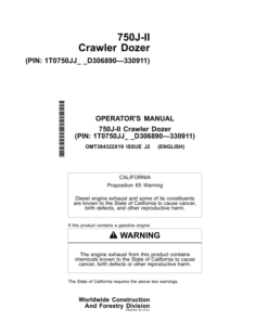 John Deere 750J-II Crawler Dozers Operator's Manuals (OMT384322X19)