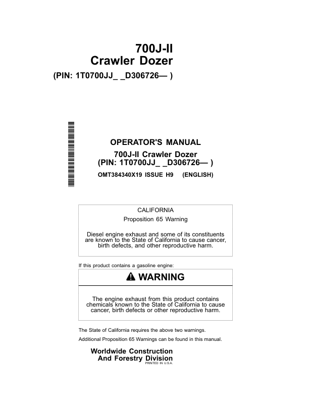 John Deere 700J-II Crawler Dozers Operator's Manuals (OMT384340X19)
