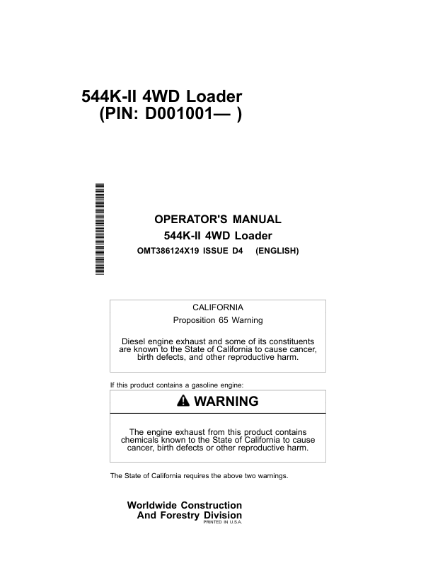 John Deere 544K SERIES II Loaders Operator's Manuals (OMT386124X19)