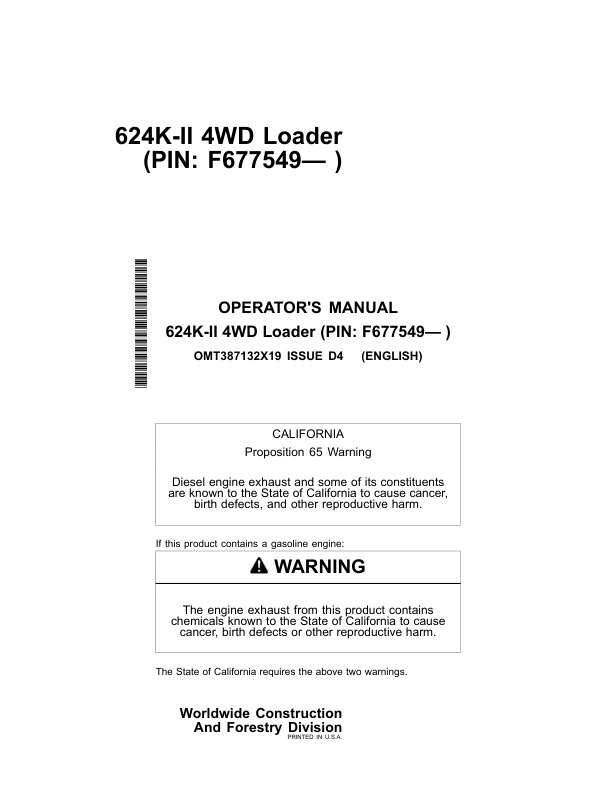 John Deere 624K SERIES II Loaders Operator's Manuals (OMT387132X19)