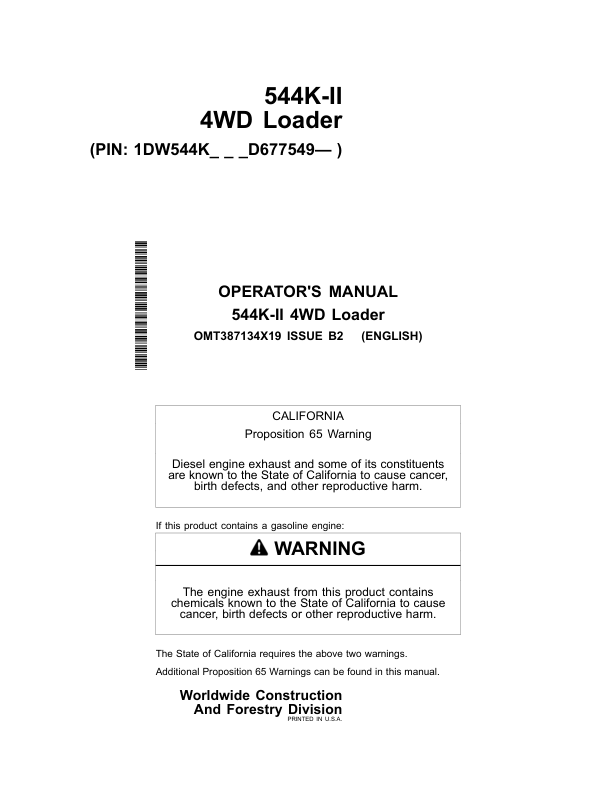 John Deere 544K SERIES II Loaders Operator's Manuals (OMT387134X19)