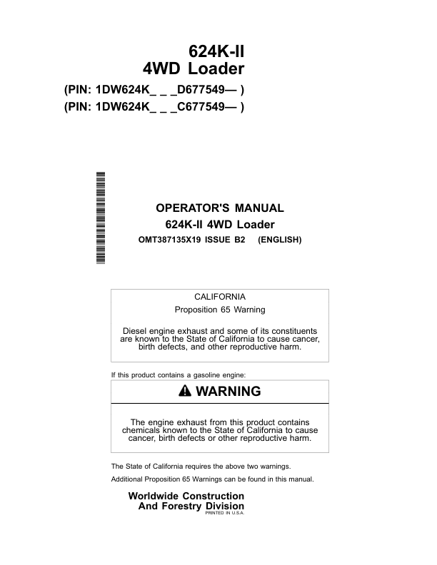 John Deere 624K SERIES II Loaders Operator's Manuals (OMT387135X19)