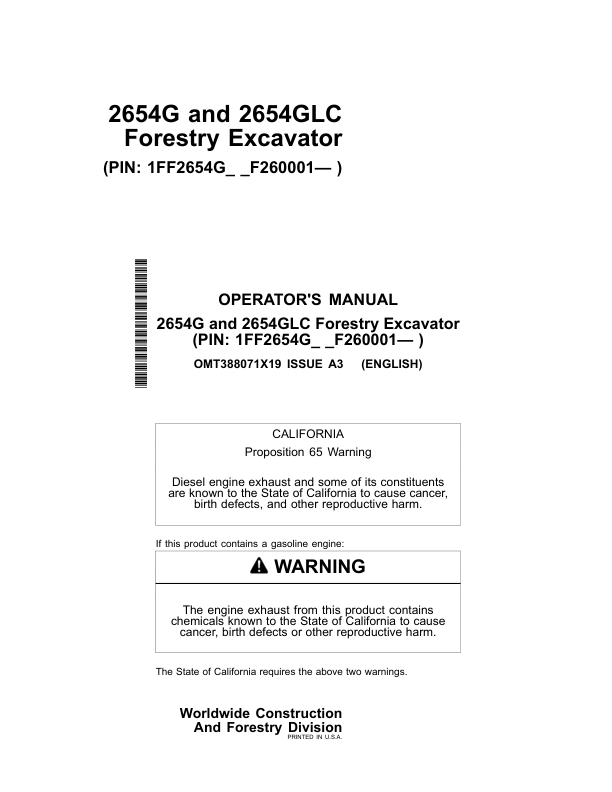John Deere 2654G, 2654GLC Forestry Excavator Operator's Manuals (OMT388071X19)