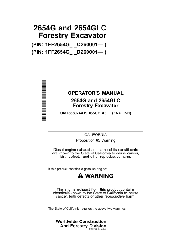 John Deere 2654G, 2654GLC Forestry Excavator Operator's Manuals (OMT388074X19)