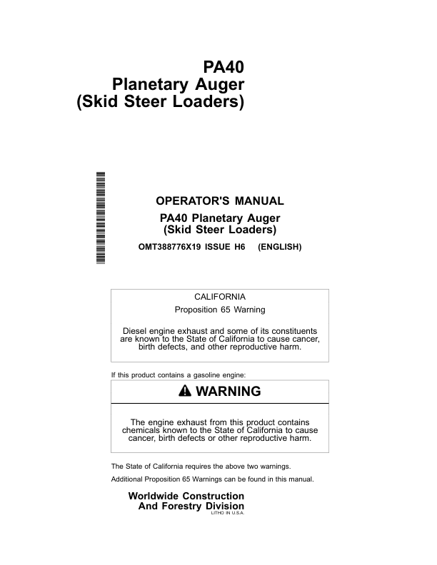 John Deere PA40 Worksite Pro Attachments Operator's Manuals (OMT388776X19)