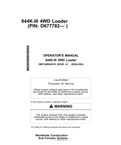 John Deere 844K SERIES III Loaders Operator's Manuals (OMT388954X19)