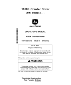 John Deere 1050K Crawler Dozers Operator's Manuals (OMT389886X19)