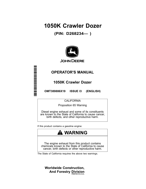 John Deere 1050K Crawler Dozers Operator's Manuals (OMT389886X19)