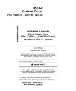 John Deere 850J-II Crawler Dozers Operator's Manuals (OMT389947X19)