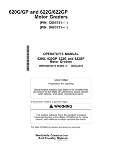 John Deere 620G, 622G, 622GP Motor Graders Operator's Manuals (OMT390955X19)