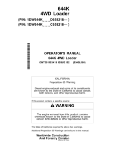 John Deere 644K Loaders Operator's Manuals (OMT391193X19)