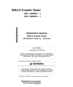 John Deere 850J-II Crawler Dozers Operator's Manuals (OMT392842X19)