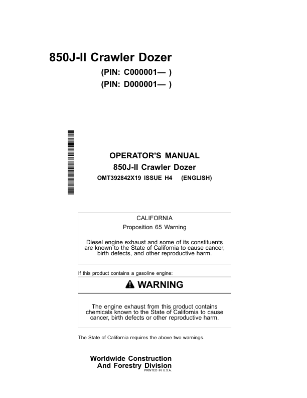 John Deere 850J-II Crawler Dozers Operator's Manuals (OMT392842X19)