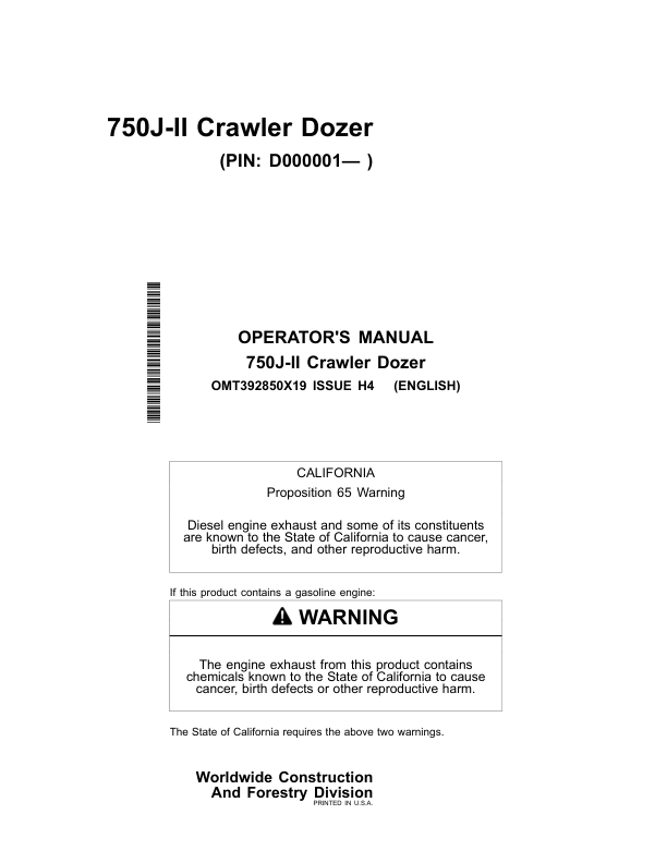John Deere 750J-II Crawler Dozers Operator's Manuals (OMT392850X19)