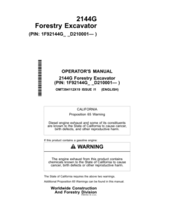 John Deere 2144G Forestry Excavator Operator's Manuals (OMT394112X19)