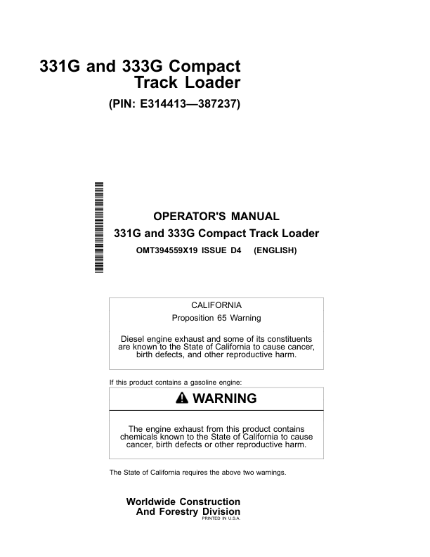 John Deere 331G, 333G Skid Steers Operator's Manuals (OMT394559X19)