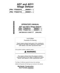 John Deere AD7, AD11 Worksite Pro Attachments Operator's Manuals (OMT396232X19)