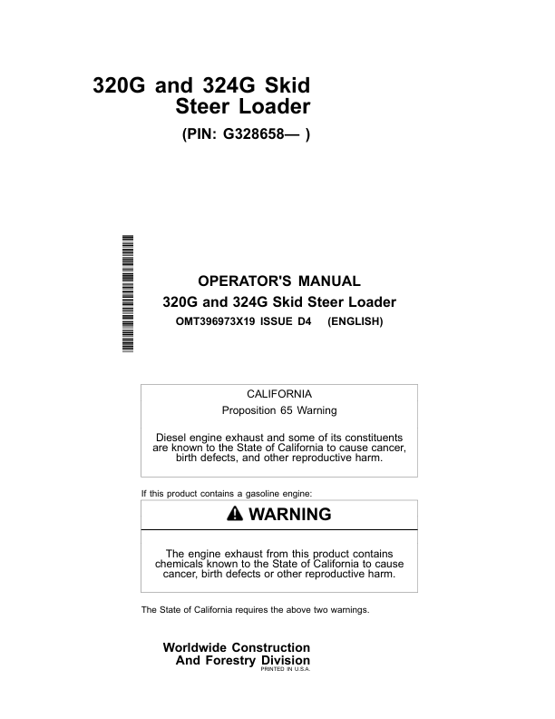 John Deere 320G, 324G Skid Steers Operator's Manuals (OMT396973X19)
