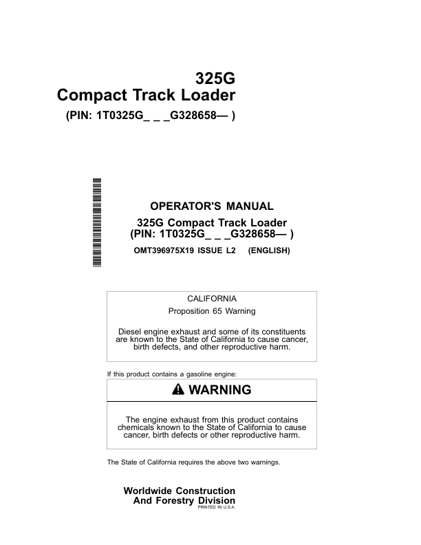 John Deere 325G Skid Steers Operator's Manuals (OMT396975X19)