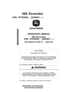 John Deere 30G Excavators Operator's Manuals (OMT398500X19)
