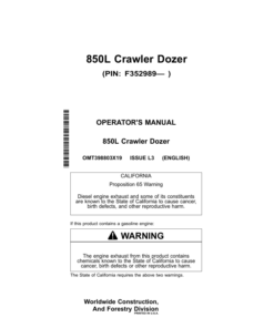John Deere 850L Crawler Dozers Operator's Manuals (OMT398803X19)