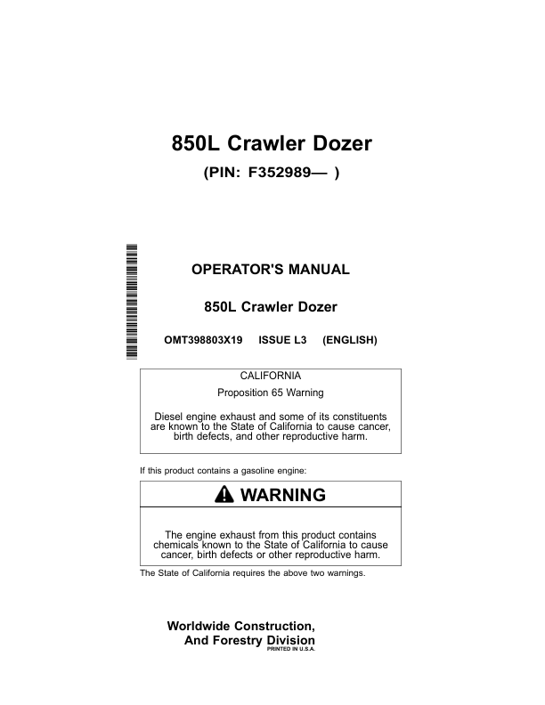 John Deere 850L Crawler Dozers Operator's Manuals (OMT398803X19)