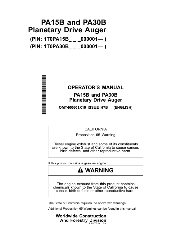 John Deere PA15B, PA30B Worksite Pro Attachments Operator's Manuals (OMT400601X19)