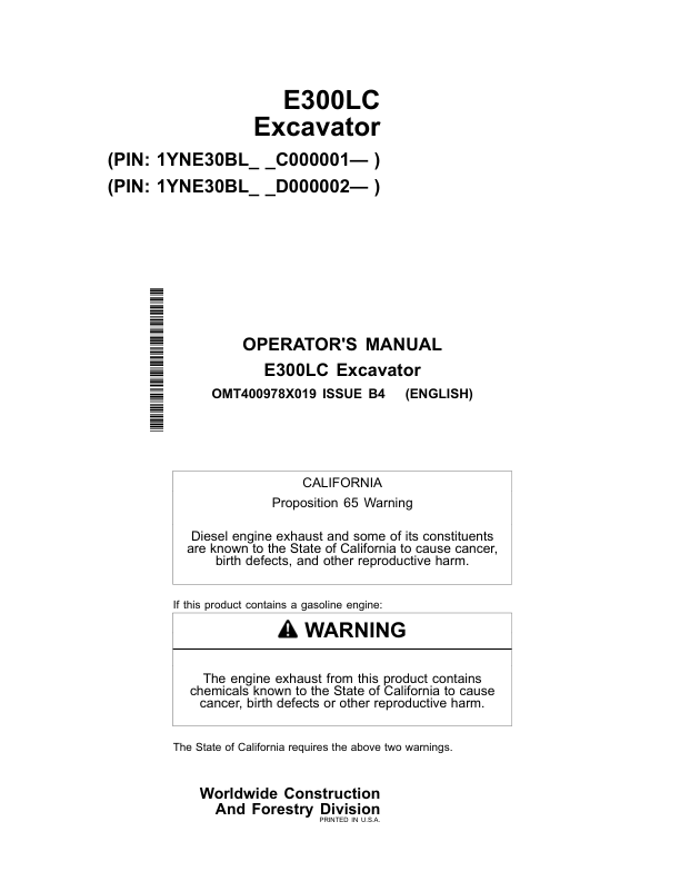 John Deere E300LC Excavators Operator's Manuals (OMT400978X019)