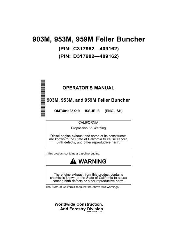 John Deere 903M, 953M, 959M Tracked Feller Bunchers Operator's Manuals (OMT401135X19)