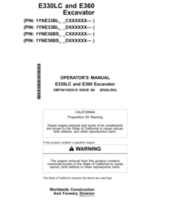 John Deere E330LC, E360 Excavators Operator's Manuals (OMT401302X19)
