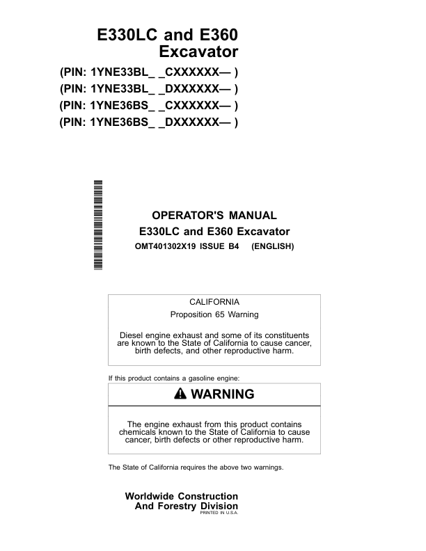 John Deere E330LC, E360 Excavators Operator's Manuals (OMT401302X19)