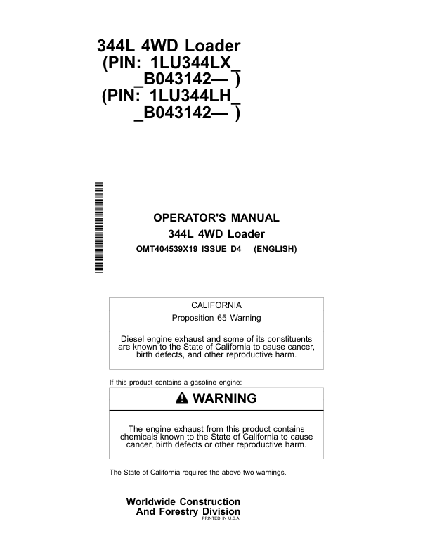 John Deere 344L Loaders Operator's Manuals (OMT404539X19)