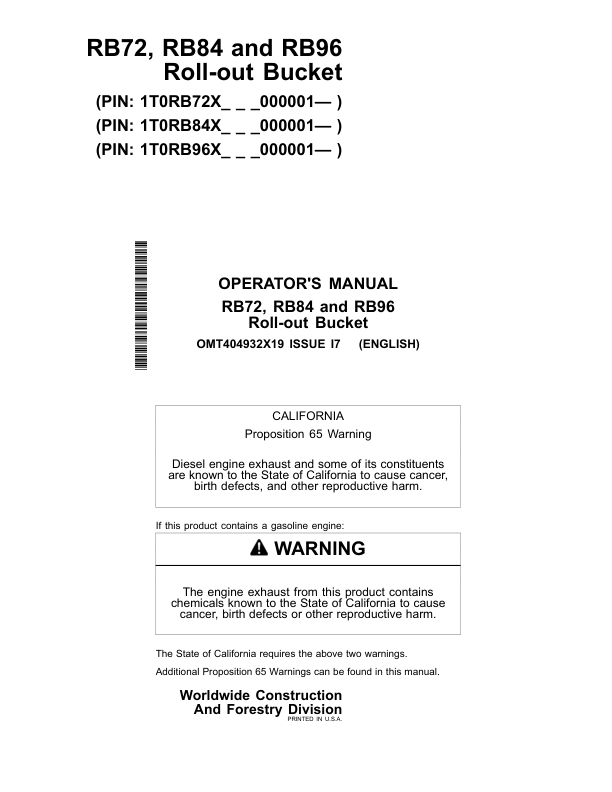 John Deere RB72, RB84, RB96 Worksite Pro Attachments Operator's Manuals (OMT404932X19)