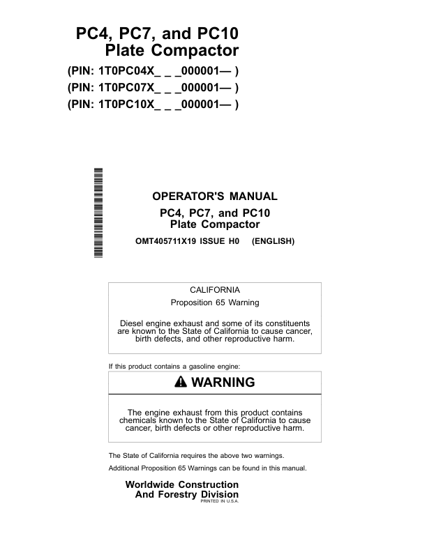 John Deere PC4, PC7, PC10 Attachments Operator's Manuals (OMT405711X19)