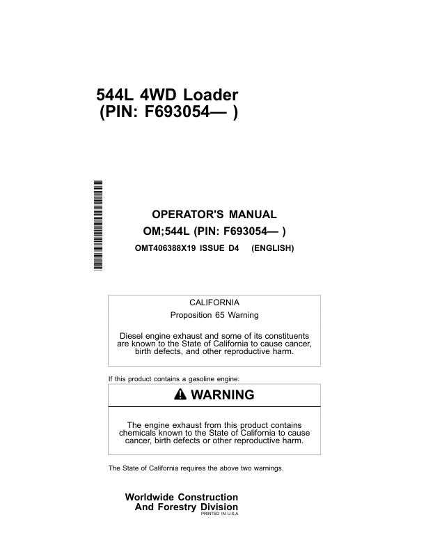 John Deere 544L Loaders Operator's Manuals (OMT406388X19)