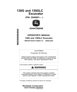 John Deere 130G, 130GLC Excavators Operator's Manuals (OMT407103X19)