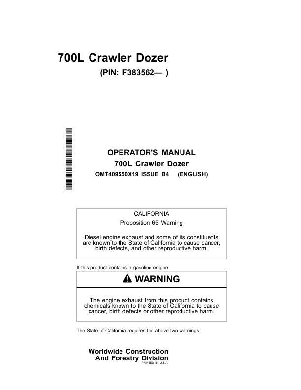 John Deere 700L Crawler Dozers Operator's Manuals (OMT409550X19)