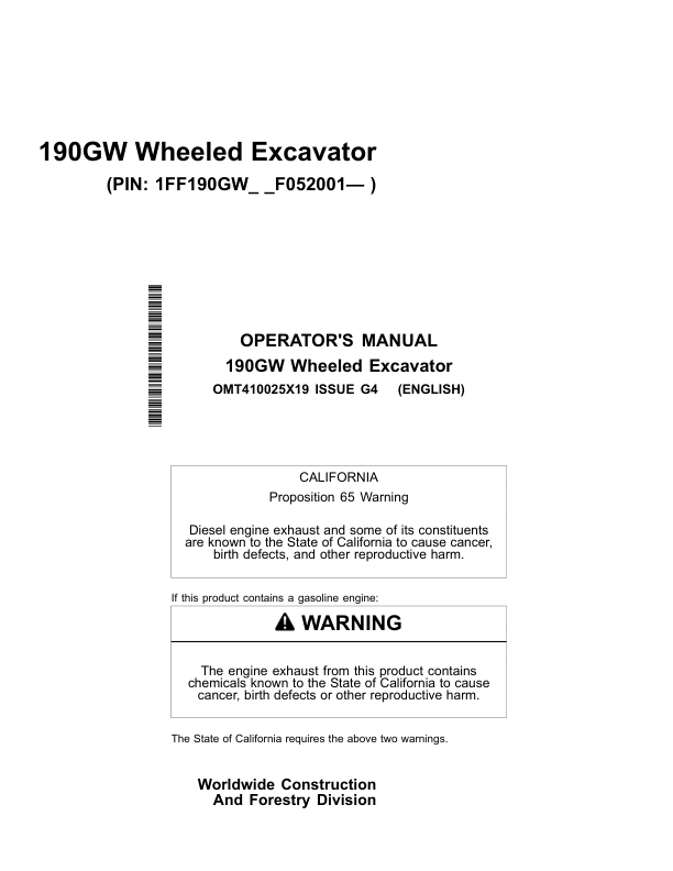 John Deere 190GW Excavators Operator's Manuals (OMT410025X19)