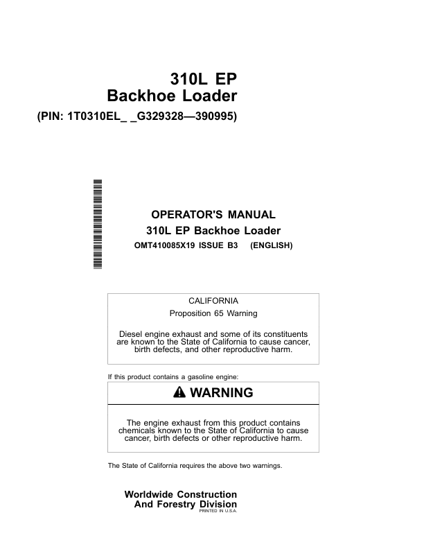 John Deere 310L EP Backhoe Loaders Operator's Manuals (OMT410085X19)