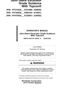 John Deere GRADE GUIDANCE, 210G, 210GLC, 350GLC, 470GLC Excavators Operator's Manuals (OMT411561X19)
