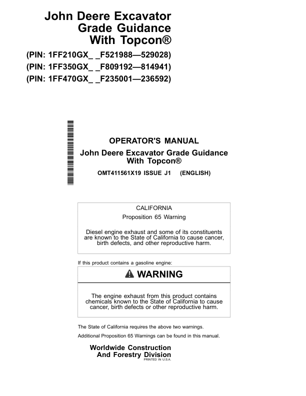 John Deere GRADE GUIDANCE, 210G, 210GLC, 350GLC, 470GLC Excavators Operator's Manuals (OMT411561X19)