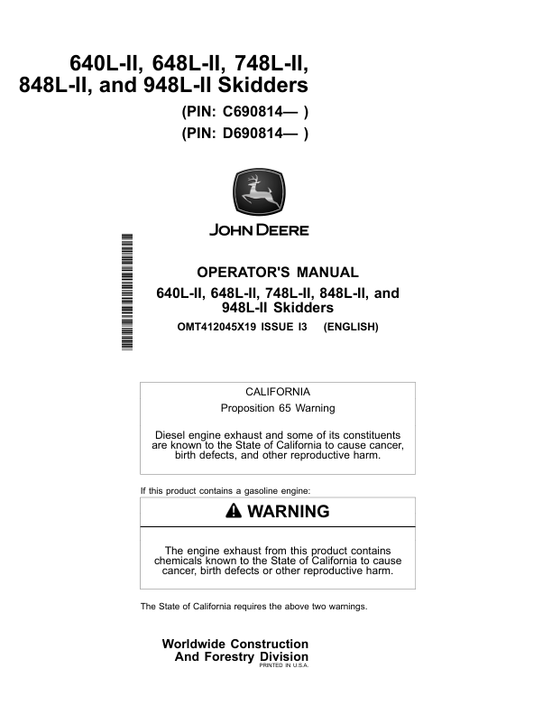 John Deere 640L-II, 648L-II, 748L-II, 848L-II, 948L-II Wheeled Feller Bunchers Operator's Manuals (OMT412045X19)