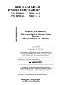 John Deere 643L-II, 843L-II Wheeled Feller Bunchers Operator's Manuals (OMT412053X19)