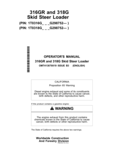 John Deere 316GR, 318G Skid Steers Operator's Manuals (OMT413079X19)