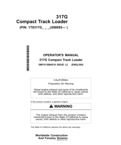John Deere 317G Skid Steers Operator's Manuals (OMT413080X19)