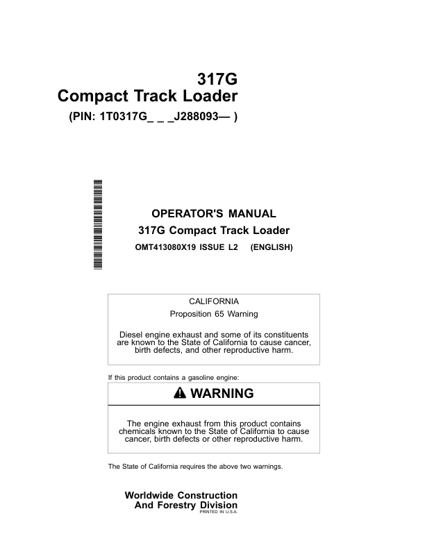 John Deere 317G Skid Steers Operator's Manuals (OMT413080X19)