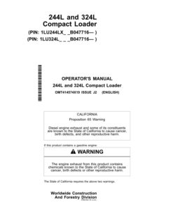 John Deere 244L, 324L Loaders Operator's Manuals (OMT414574X19)
