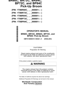 John Deere BR60C, BR72C, BR84C, BP72C, BP84C Worksite Pro Attachments Operator's Manuals (OMT414909X19)
